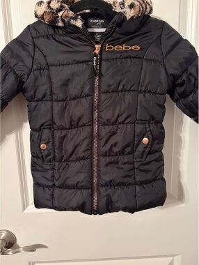 bebe Girls Black Puffer Jacket with Faux Fur Hood, Size 3T